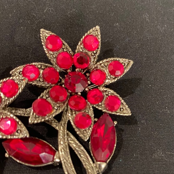 Vintage Bright Pink Rhinestone Two Flower Brooch - Picture 2 of 5